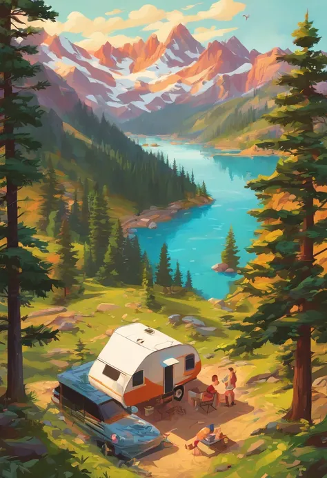 RV camping，Pop art，Albert Bierstadt，Great outdoor activities，Close-up shot，prime time，