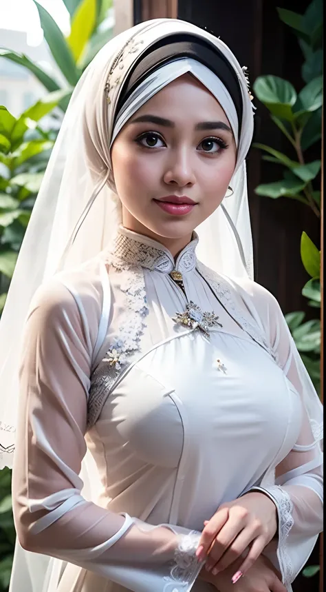 1 malay girl , modern plain hijab,  shy, medium portrait shot , watery  eyes ,glossy lips, big eyes, ((wearing white sheer ao dai )),big breast,soft smile, flower, garden, bokeh background, proportional body,