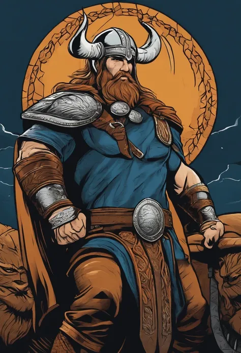 viking forte, bebendo uma cerveja, corpo inteiro, Comic book style, vetor, Inspirado em Thor, carismatico, sem fundo, roupa azul e laranja, cabelo e barba loiro