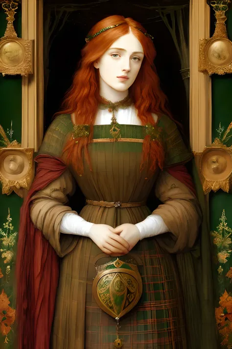 (((Pre-Raphaelite painting))) Celtic female, Celtic, Renaissance painting, northumberland tartan, ginger hair, twilight, medieval, queen