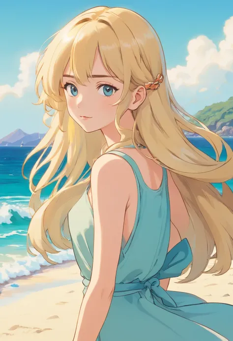 a blonde girl, Long wavy hair,Glamorous figure、On the sandy beach by the sea, colorful animation stills, Masami Teraoka, aquamarine, paul gauguin, Embry style, Honest portrayal