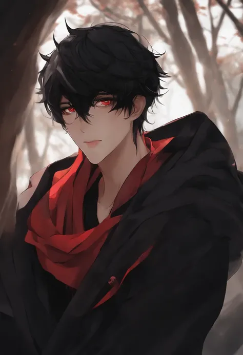 Anime menino cabelo preto e olhos vermelhos, orelhas e calda de raposa, moletom preto com capuz vermelho