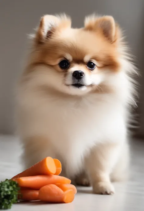 AÇA A POMERANIAN LULU DOG IN WHITE COLOR EATING CARROT