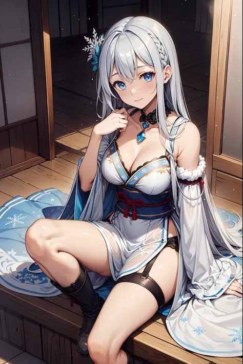 saints，seductiv，having fun，Being in love，(Western magic white dress)，silber hair，eBlue eyes，Suitable transparent clothing，Decoration of saints，Sky blue cloth，Snowflake pattern，Sky blue pattern，Snowy nights，Transparent lace，exquisite costumes，Sit Pose，solo ...