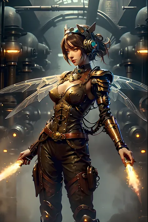 (masterpiece), (best quality), (perfect body), 1girl, steampunk, steampunk armor, mecha wings, cinematic light, full body