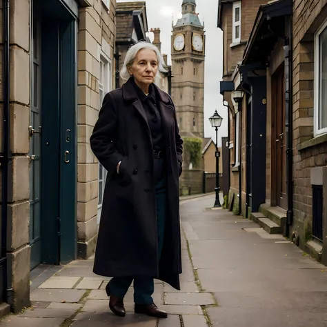 Old woman in long coat in modern England