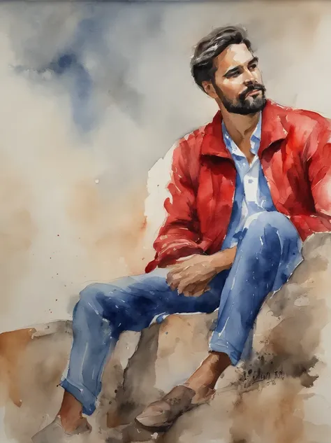 Watercolor painting of a man with neck-length dark hair and red jacket with blue shirt : : trending on ArtStation: : Simple composition creates a sense of order and harmony. A pintura reflete as qualidades espirituais do mundo natural. --up luz --ar 9:16