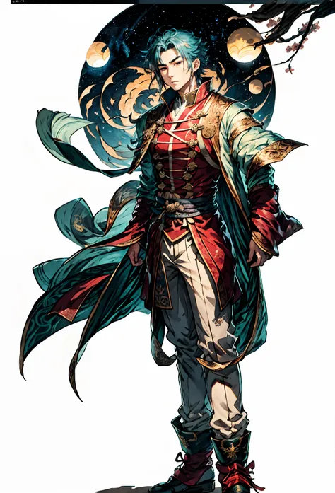 A young man with short aquamarine hair, sharp eyebrows, starry eyes, radiating a righteous aura, a two-piece fantasy wuxia-style outfit, featuring a traditional Chinese martial arts long gown, a wide overcoat, flowing sleeves, the color scheme is mainly re...