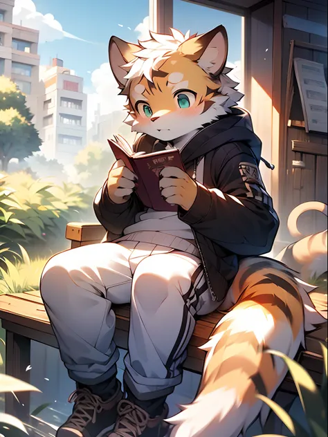 Masterpiece, Best quality, Perfect anatomy, author：K0bit0wani, author：Milk Tiger 1145, (author：Dex:0.3), Furry, coyote, Solo, Male, baggy clothes, Expose the upper body, Eau, Abs, legs separated, medium bulge, Slightly chubby figure, holding book, Detailed...