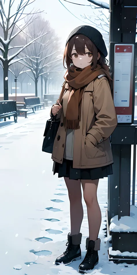 (masterpiece),(best quality), Yuki, brown fur, scarf, legs, Thick knee thighs, blank eyes, expressionless face, park, bus stop, standing, snow, Snowing, tree, Nature,