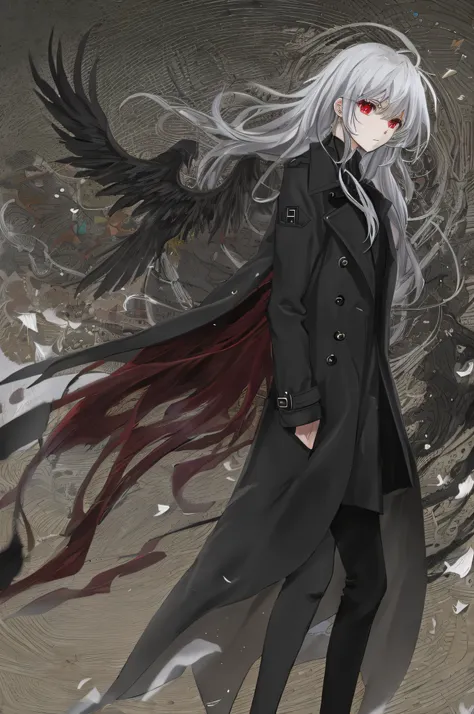 Black Phoenix，Anime shoujo，（（（solo person））），Skinny gel coat，Long black trench coat，Messy white hair，with a red eyes，Slightly helpless，amaryllis