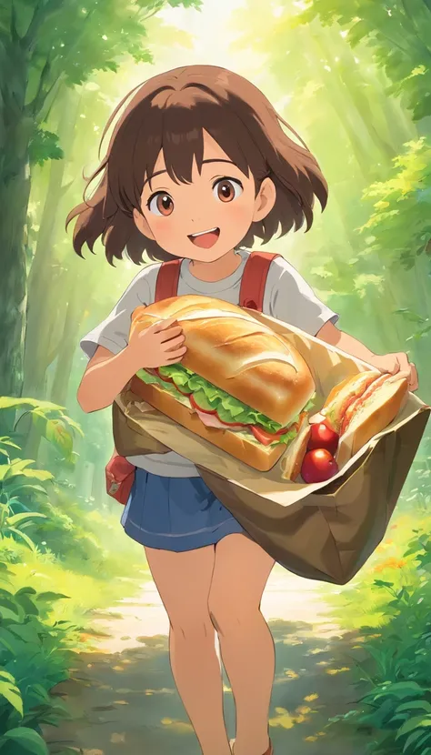 Dad prepared her favorite sandwich for the child，And the child brought a large bag of fruit。They share food，Laughing，I felt the warmth of family affection