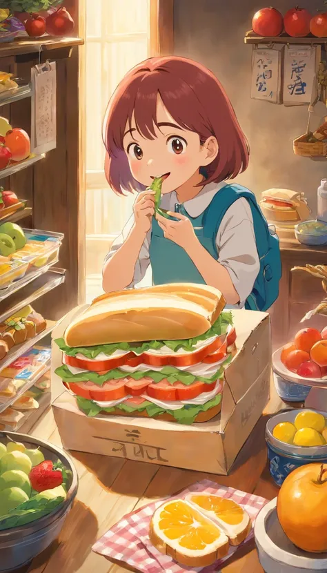 Dad prepared her favorite sandwich for the child，And the child brought a large bag of fruit。They share food，Laughing，I felt the warmth of family affection