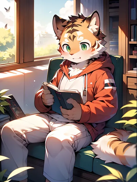 Masterpiece, Best quality, Perfect anatomy, author：K0bit0wani, author：Milk Tiger 1145, (author：Dex:0.3), Furry, coyote, Solo, Male, baggy clothes, Expose the upper body, Eau, Abs, legs separated, medium bulge, Slightly chubby figure, holding book, Detailed...