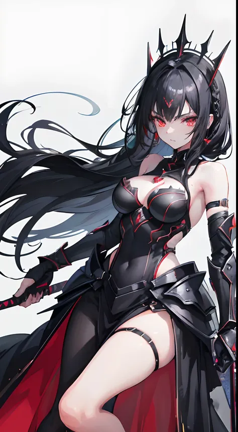 Female, 1 girl, Black Knight Girl, Black hair, Double tail in hair, Black hairpin headdress, Crimson eyes, medium body shape, Medium breasts, Battle skirt, Black dress color，silver details, Armor pieces for arms and legs, Color Arm parts Black, NSFW, weapo...