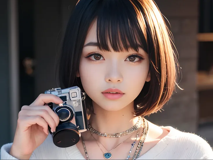 Woman with bob hair holding a film camera,Take your eyes off,Pensive expression,inspired by Rei Kamoi,9 0 s anime art style, clean detailed anime style,Wearing piercings,Wearing a chain necklace