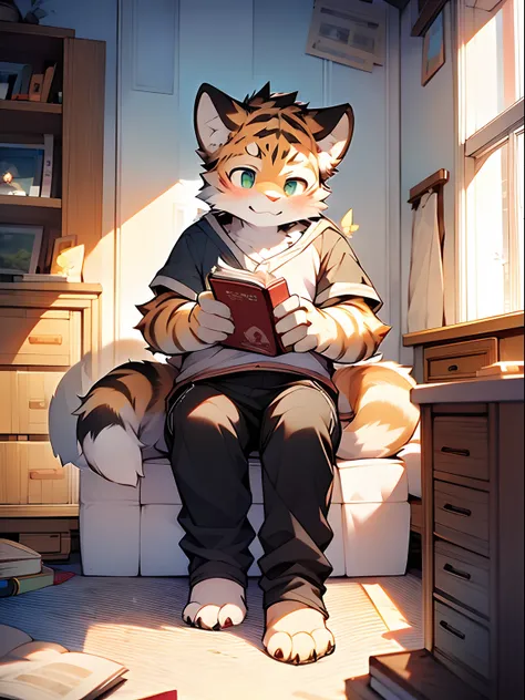 Masterpiece, Best quality, Perfect anatomy, author：K0bit0wani, author：Milk Tiger 1145, (author：Dekkers:0.3), Furry, coyote, Solo, Male, baggy pants, Shirtless, Eau, Abs, legs separated, Small raised, Slightly chubby figure, holding book, Detailed backgroun...