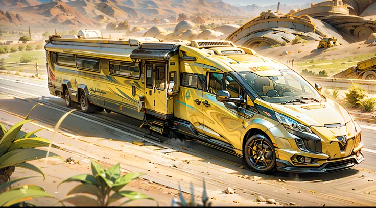 Arabian sci-fi luxury motorhome . A sci-fi fusion of Arabian luxury motorhomes，The entire body is covered with gold trim，inlaid gemstones，Arabic decorative motifs，The flat silver eagle statue adorns the front of the car，A large number of high-tech products...