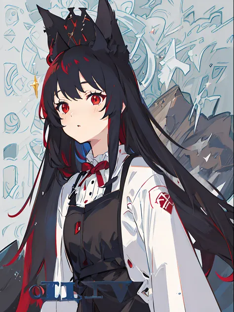 ((4K,Masterpiece,Best quality))，cat ear，Heterochromic pupils，Red eyes，Blue eyes，a beauty girl，Dark feeling，gloomily，Dark red tones，The demons，Long black hair，adolable