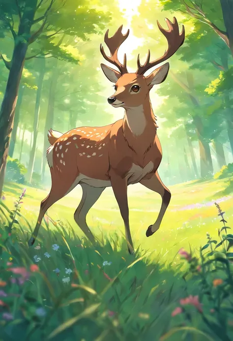 a detailed anime drawing of a brown deer that gives off a aura of grace with large heart-shaped antlers and green eyes dashing through a meadow by itself