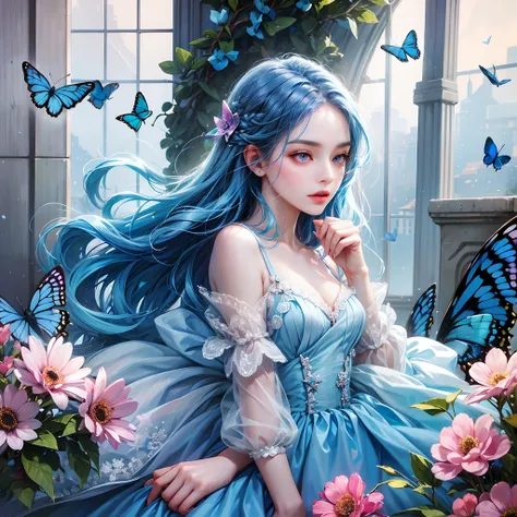 a women, blue butterfly, blue hair, pink eyes, blue dress