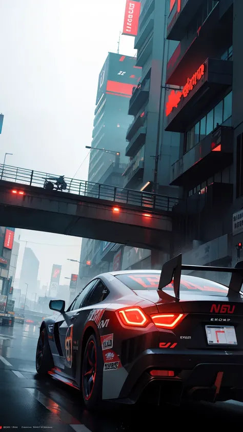 Best quality, masterpiece, ultra high res, Capture the adrenaline-fueled excitement of a sleek, high-performance racing car dripping, red, blue, fires, neon light, dust, full car show, from side, cyberpunk racing car, tokyo cyberpunk night,Detailed,Realist...