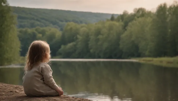 A child standing at the edge of a tranquil river, gazing into the horizon.