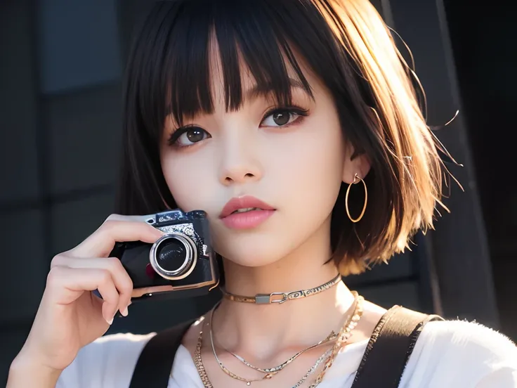 Woman with bob hair holding film camera,Take your eyes off,Pensive expression,inspired by Rei Kamoi,9 0 s anime art style, clean detailed anime style,Wearing piercings,Wearing a chain necklace,bustup