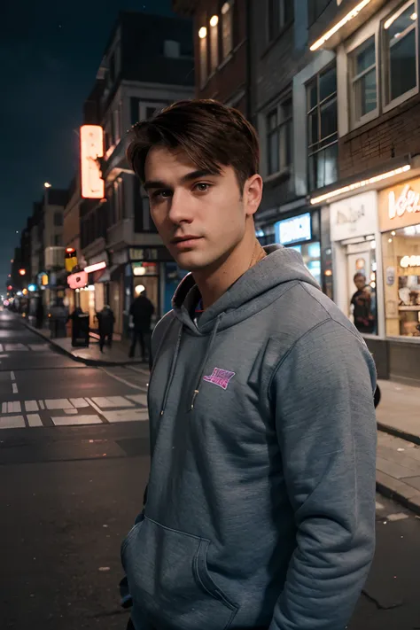 A man looking straight ahead at the camera, in a city at night with lots of blue and pink alternative lights.
With buildings on the left and right side of the street. 
The man is clean-shaven and beardless, young, 23 years old, wearing a gray sweatshirt.