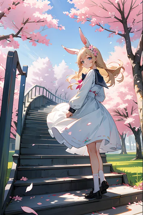 1girl, longish hair, outdoors, dress, solo, blue eyes, white dress, pink flower, flower, black footwear, blond hair, day, petals, stairs, long sleeves, looking at viewer, socks, white socks, shoes, sky, looking back, cherry blossoms, sailor collar, hair fl...