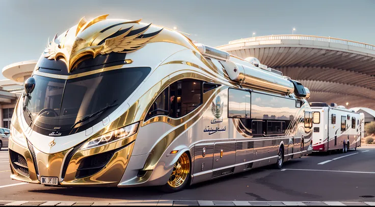 Arabian sci-fi luxury motorhome . A sci-fi fusion of Arabian luxury motorhomes，The entire body is covered with gold trim，inlaid gemstones，Arabic decorative motifs，A flat statue of a silver eagle adorns the front of the car，A large number of high-tech produ...