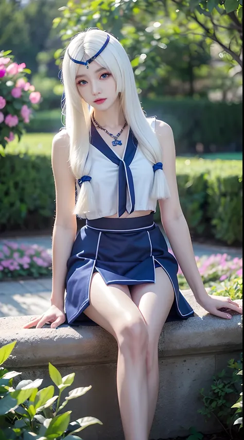 HDR,Detail ,Kagura mobile legends, Long silky white hair, blue eyes, wearing a necklace, looking at viewer, Soft white t-shirt, black short skirt, sitting in the flower garden