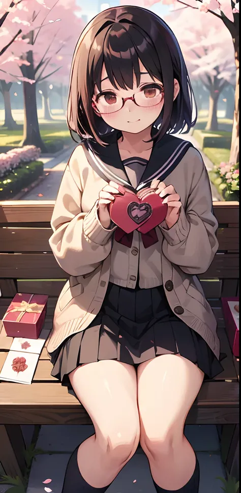 (master piece), (best quality), Yuki, Yuki, black winter uniform, cardigan, glasses, black skirt, legs, thick knee thighs, Serafuku, blush, embarrassed, appointment, chocolate packaging, Valentine, Garden, Sakura, stand, petals, season, spring