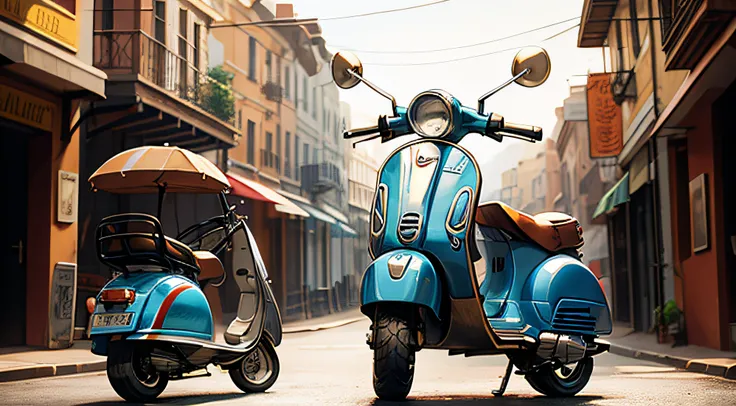 vintage vespa in old city, dust atmosphere, center position, warm light