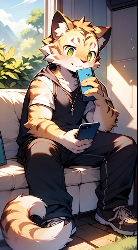 Masterpiece, Best quality, Perfect anatomy, author：K0bit0wani, author：Milk Tiger 1145, (author：Dex:0.3), Furry, coyote, Solo, Male, baggy pants, Eau, Abs, legs separated, Small raised, Slightly chubby figure,（Shirtless:1.5）, Golden pupils, Hold a mobile ph...