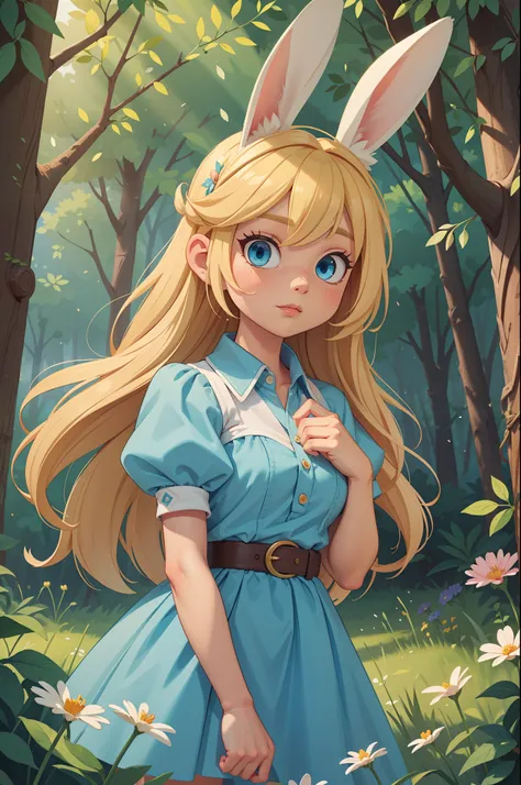 (masterpiece, best quality, ultra-detailed), 1girl, blond hair, blue eyes, forest, flowers, rabbit ears, rabbit tail, princess