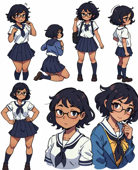 Black skin toned anime girl, short length hair, curly hair, glasses, school girl, full body image