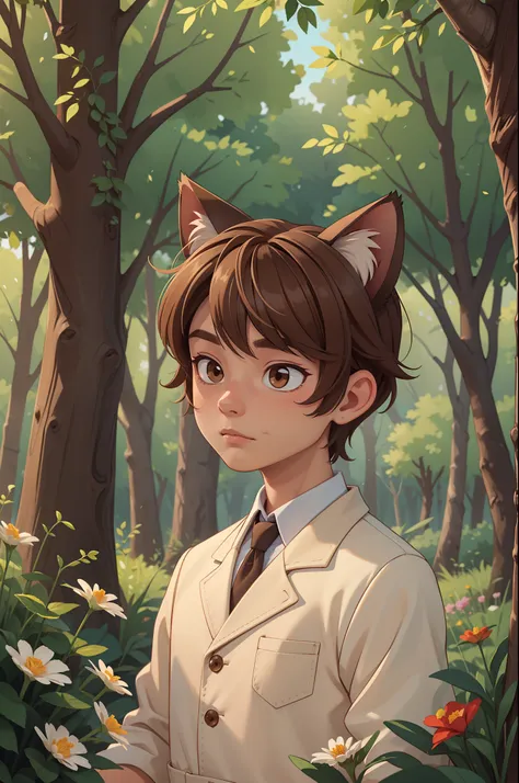 (masterpiece, best quality, ultra-detailed), 1boy, brown hair, brown eyes, forest, flowers, cat ears, prince