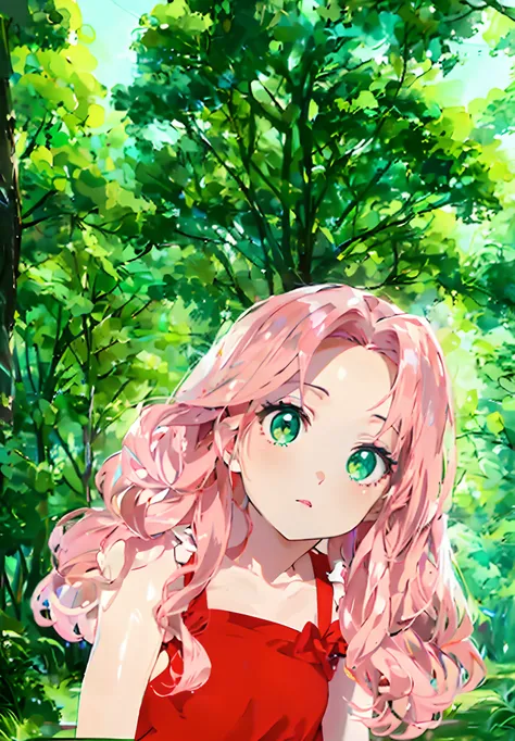 um close up de uma garota de desenho animado com cabelo rosa longo, feito com anime painter studio, bonito rosto de anime natural, cabelo rosa encaracolado, anime estilizado, estilo anime semi-realista, estilo de arte de anime, em estilo anime, anime estil...