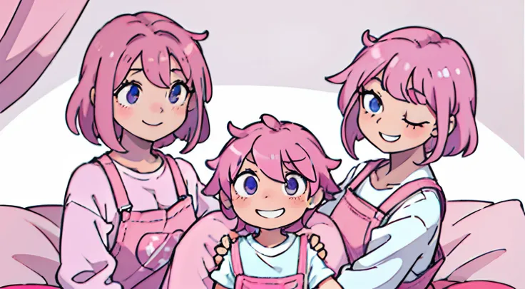 A anime girl with short pink hair, smiling