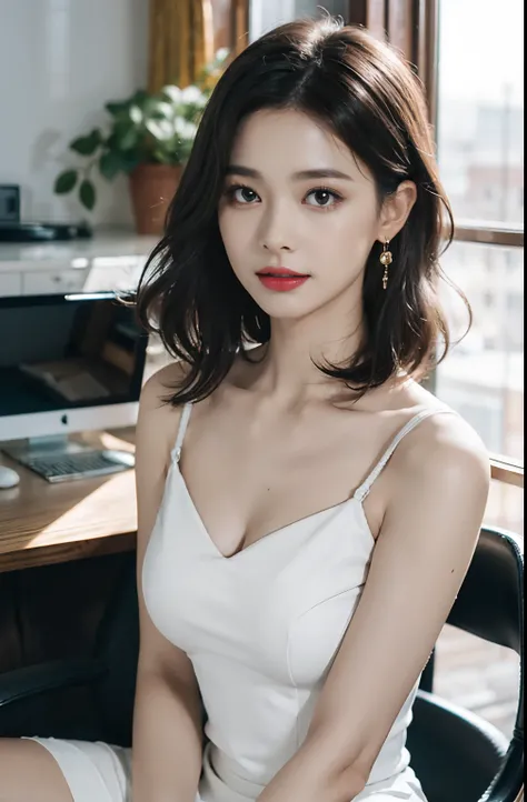 (very massive round chest, Perfect Anatomy:1.4), (Short hair, Wavy Hair, Full body:1.1), (Office Lady Suit:1.4), Whole body, Raw photo, Extremely delicate and beautiful, masutepiece, Best Quality, Ultra High Resolution, 16 K, hyper realisitic, Ultra-detail...