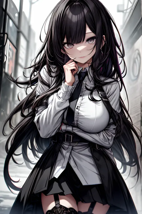 Huza、Background black、a black skirt, neck tie, white  shirt　Pause at the top, Long Black Hair, Gray eyes, holster, Garter belt on the legs, Moderately breasts, hands above your head, Moderate, Pichi Pichi clothes, both sides、Rosa、Rosa、dark in background、Fu...