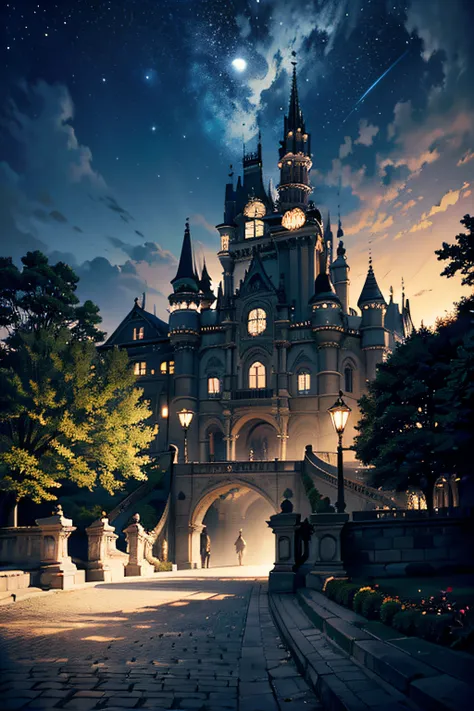 stunningly detailed beauty illustration, grace angle, majestic neo baroque architecture majestic castle, alternative darkest fantasy of a hazy moonlit night, awe various stars sky, stone block road, lots neuron flower, river with waterfall and tree, beauti...