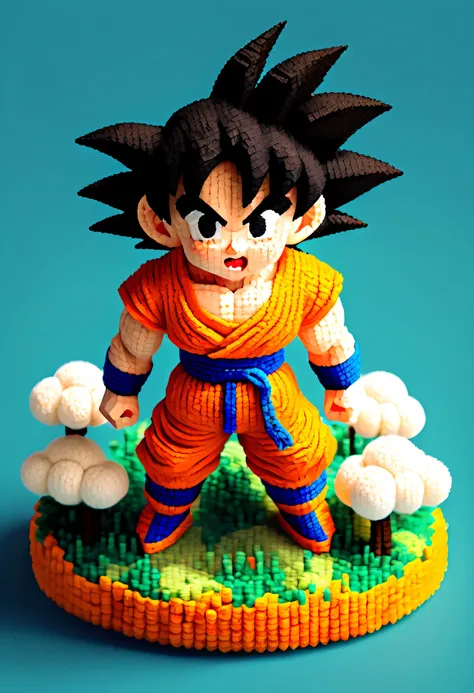 3d Retro Game (isometric felted tiny and cute kawaii goku:1.4) on a tiny puffy cloud, 8-bit Color Palette, Pixel Texture, Pixel Art Style, Isometric Perspective, highly detailed, two tone lighting, vibrant colors, 100mm lens, 3d blender render