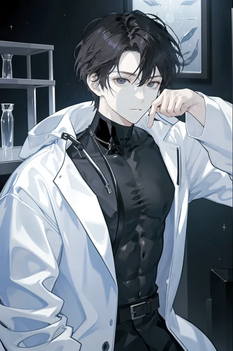 tmasterpiece、Need、1male people、solo person，AS-Adult、A MILF、Tall muscular man、Light theme、the scientist，cold-hearted，brunette color hair，Black eyes，Manteau blanc，Experimental data，Lab Room，校服，frontage，mature