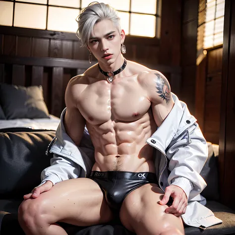 (8k photograph, Best quality, Mastery:1.2),(Realistic, photo-realistic:1.37) 年轻，cool guy，Mark Tuan，Got7，white skinned，Detal Face，Gray eyes，White hair，White tong，massive bulge，Bare topless，Bare underwear，Tong，bad boy， The Yakuza，Tattooed with，There are a lo...