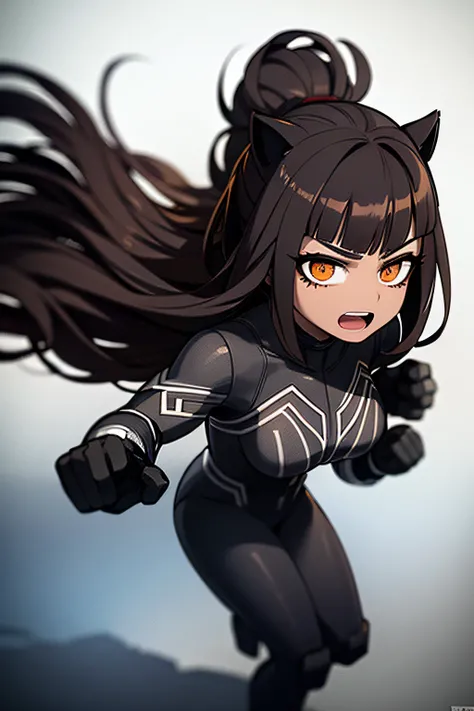 Brown skin woman, black long hair, normal bust, regular ass, black panther suit without mask on a fight pose