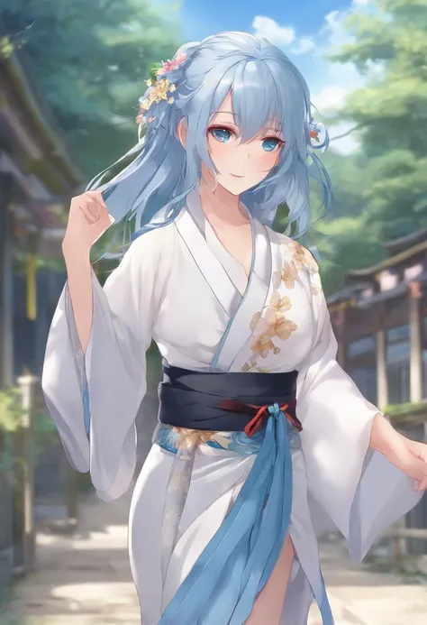 A anime high school girl, wear sexy kimono, short kimono, bare arms, bare back, bare shoulder, walking, long hair, light blue hair, look at viewer, blue eyes