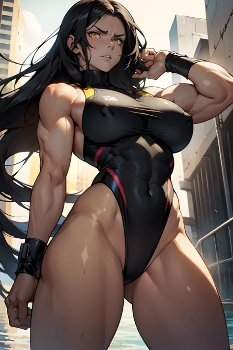 1girl ((muscular large breasts thick thighs)) pale skin black hair very long hair yellow eyes angry swimsuit