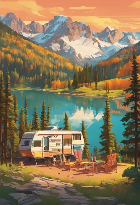 RV camping，Pop art，Albert Bierstadt，Great outdoor activities，Close-up shot，prime time，